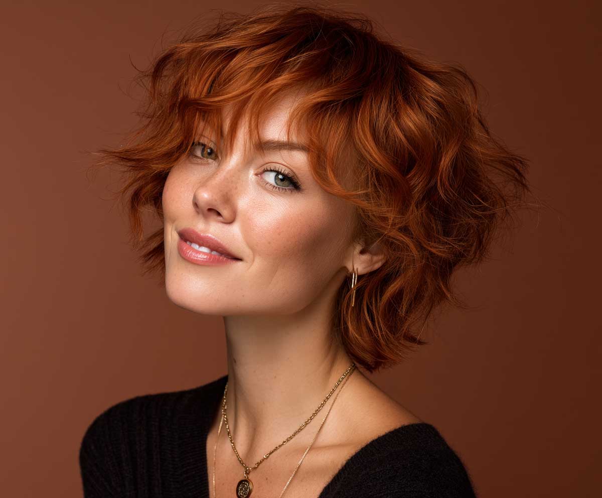 pixie bob haircut, loose copper red waves, natural makeup, soft bounce texture, glowing lighting, relaxed fashion look, warm background tones, hair movement focus, studio portrait
