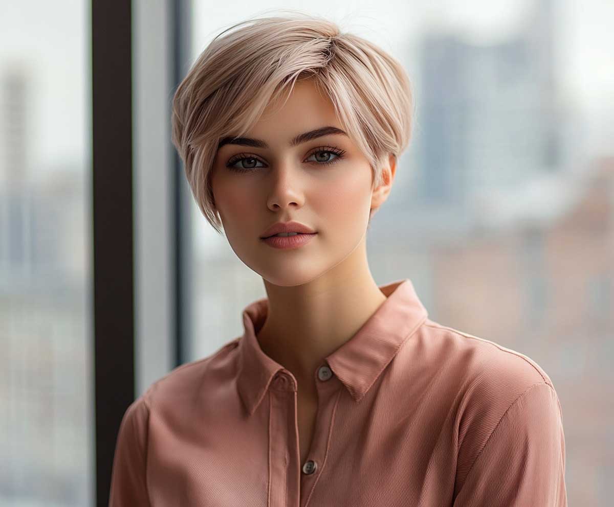 sleek pixie bob haircut, rose gold metallic hair, glossy finish, sharp layers, studio lighting, elegant woman, minimalist outfit, neutral background, fashion photography, sharp focus