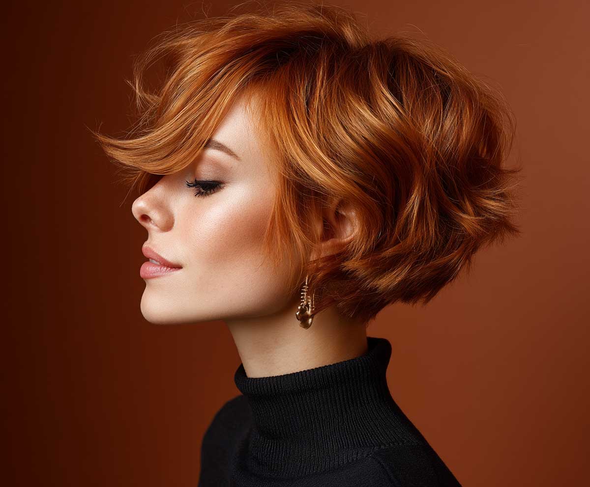 pixie bob haircut, copper red soft ripples, dreamy wave effect, warm sunset-inspired lighting, flowing short layers, artistic portrait, soft textures, glowing skin tone, fashion vibe