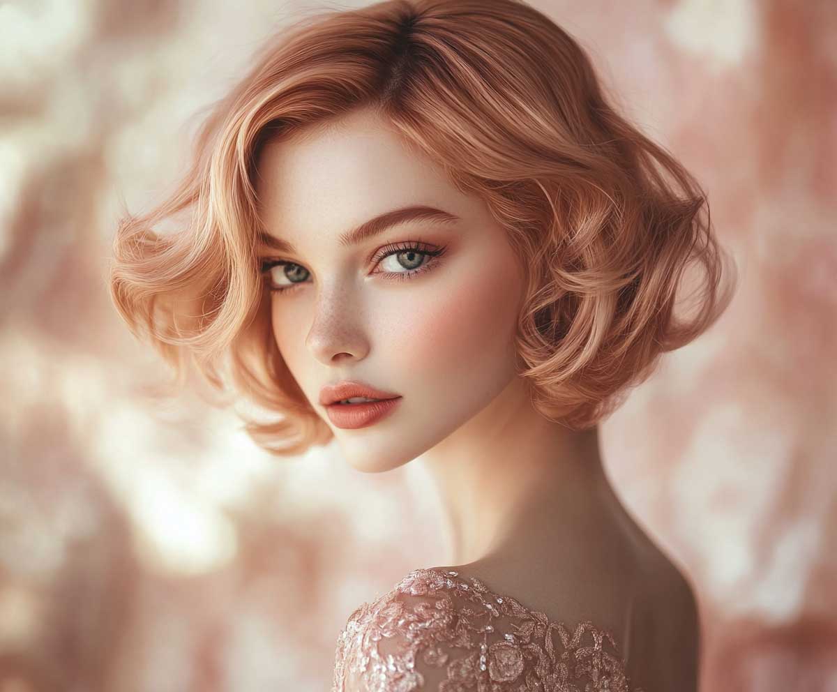 pixie bob haircut with curled rose gold ends, vintage inspired waves, soft glam makeup, warm lighting, chic young woman, modern retro style, high-definition close-up, airy background
