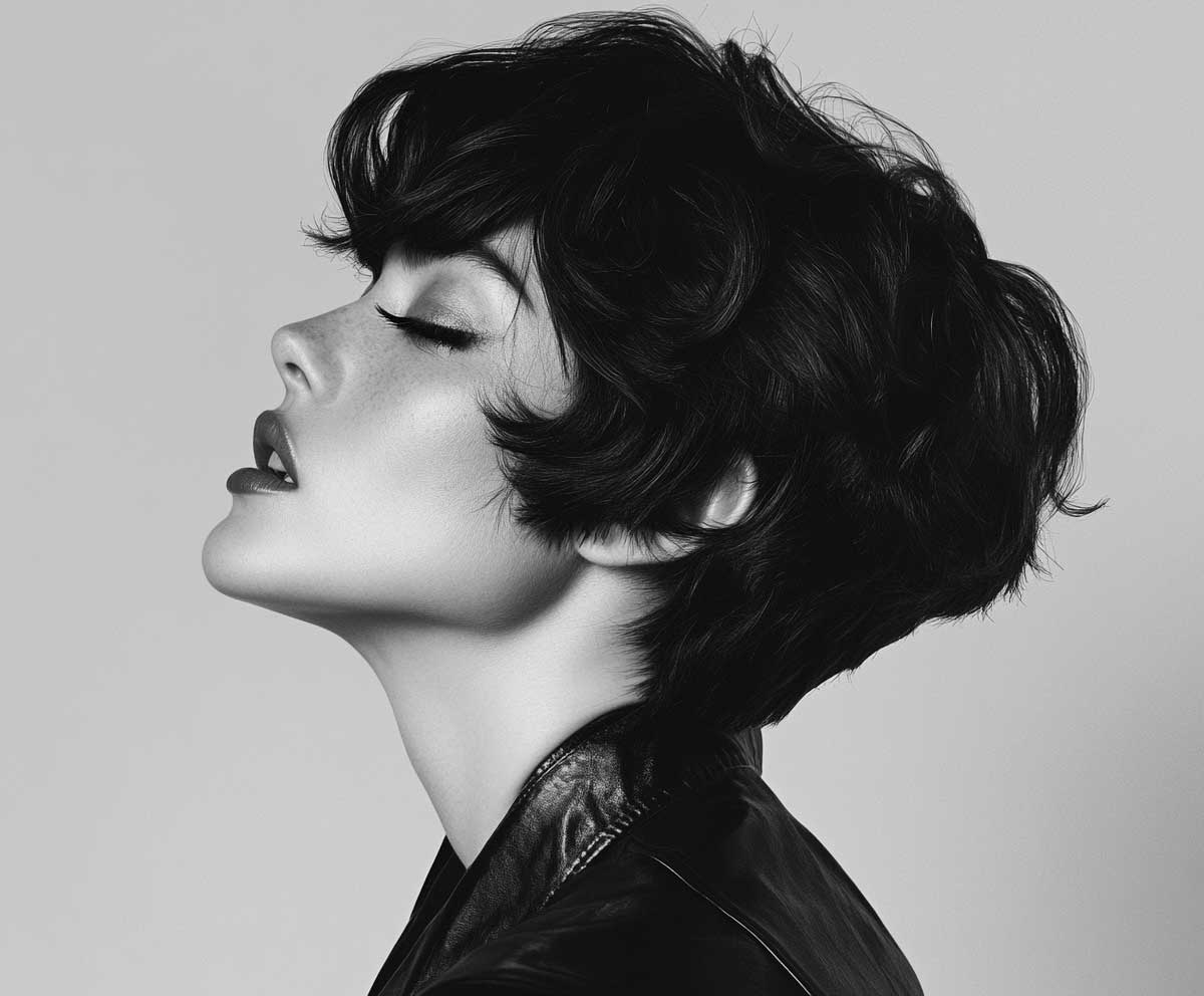 pixie bob haircut, midnight black glossy waves, soft curls, high-definition hair texture, moody lighting, fashion photography, side profile, monochrome clothing, close-up portrait