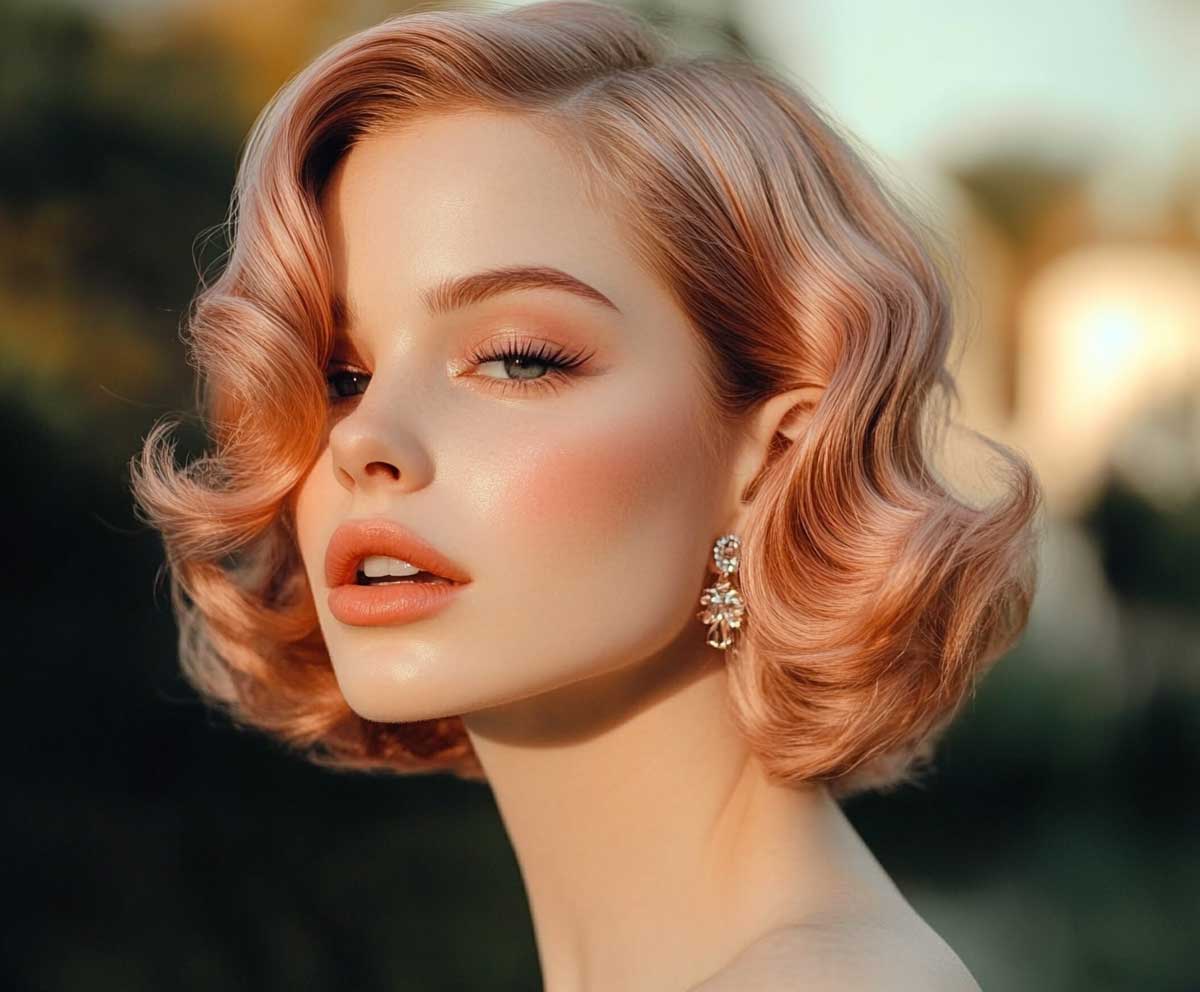 pixie bob haircut with curled rose gold ends, vintage inspired waves, soft glam makeup, warm lighting, chic young woman, modern retro style, high-definition close-up, airy background