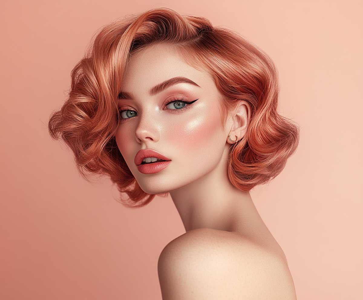 pixie bob haircut with curled rose gold ends, vintage inspired waves, soft glam makeup, warm lighting, chic young woman, modern retro style, high-definition close-up, airy background