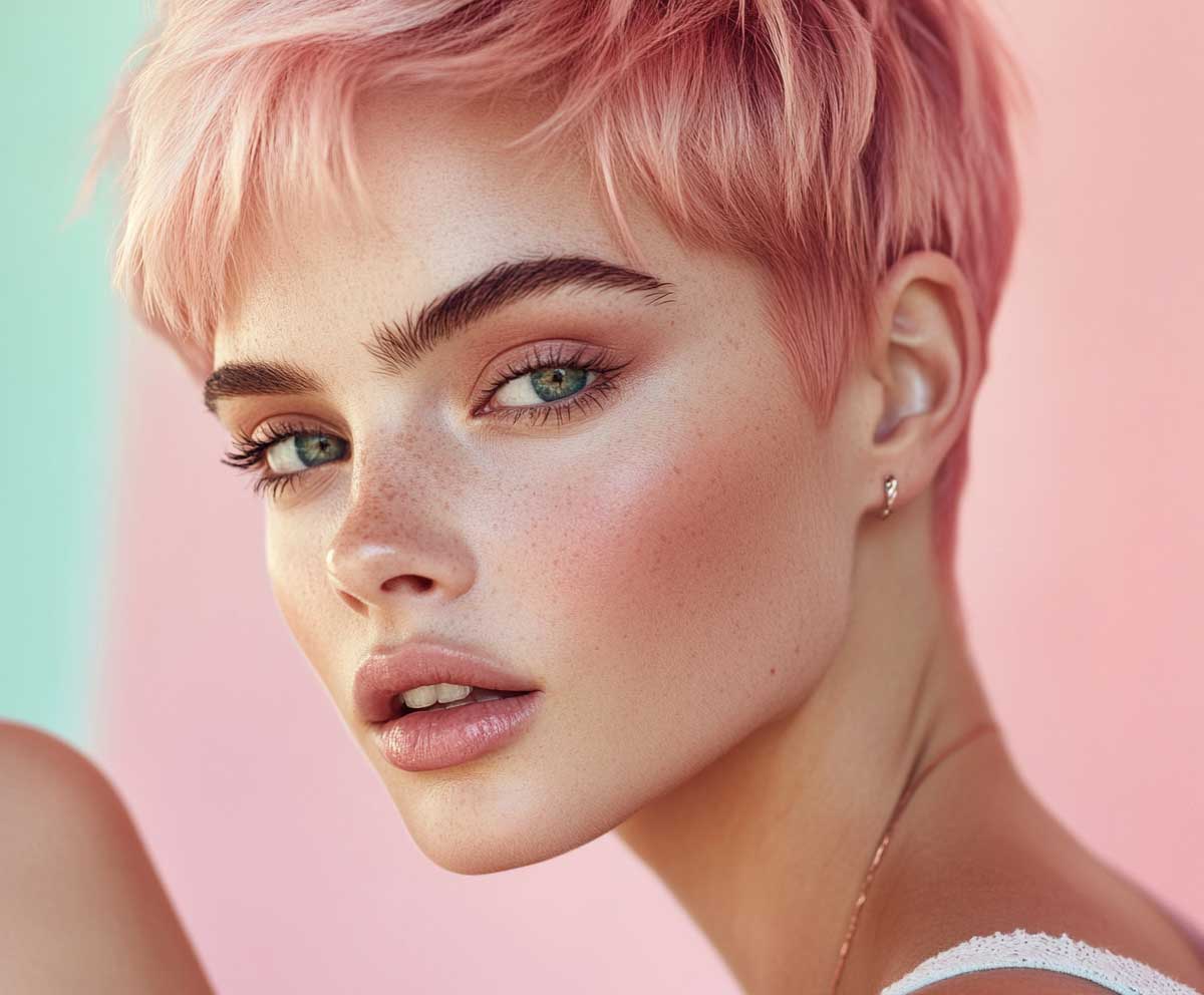 short pixie bob haircut, rose gold hair color, tousled layers, natural makeup, soft lighting, close-up portrait, fashion-forward woman, texture-focused photography, pastel background, high detail