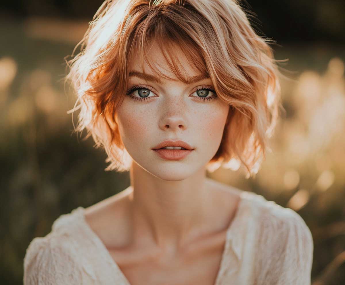 short pixie bob haircut, rose gold hair color, tousled layers, natural makeup, soft lighting, close-up portrait, fashion-forward woman, texture-focused photography, pastel background, high detail