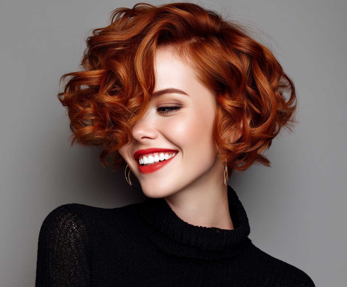pixie bob haircut, deep copper red curls, voluminous style, glossy hair texture, fashion photography lighting, model smiling, high contrast background, elegant yet playful expression
