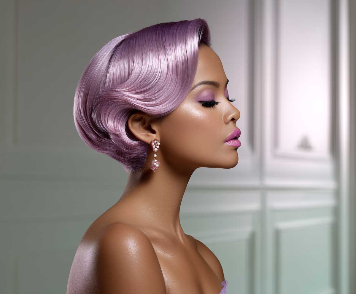 pixie bob haircut, shiny lavender hair with gloss, futuristic shine, elegant makeup, glowing backdrop, short hairstyle emphasis, fashion portrait, clean studio lighting, gentle waves