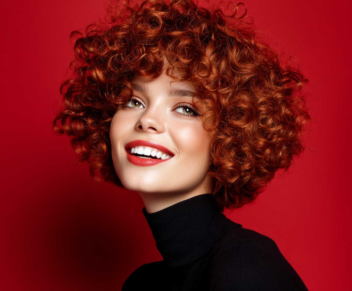 pixie bob haircut, deep copper red curls, voluminous style, glossy hair texture, fashion photography lighting, model smiling, high contrast background, elegant yet playful expression