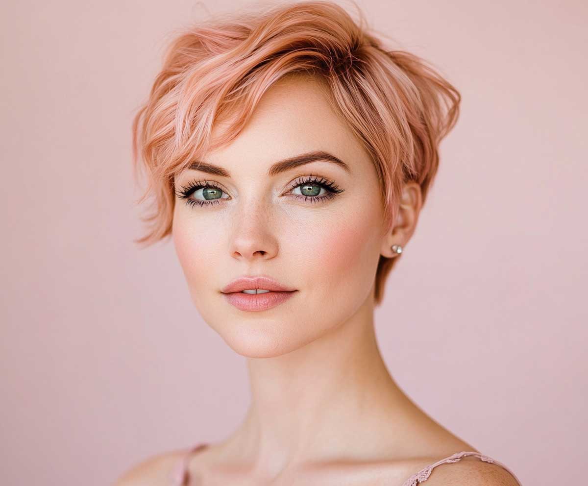 short pixie bob haircut, rose gold hair color, tousled layers, natural makeup, soft lighting, close-up portrait, fashion-forward woman, texture-focused photography, pastel background, high detail