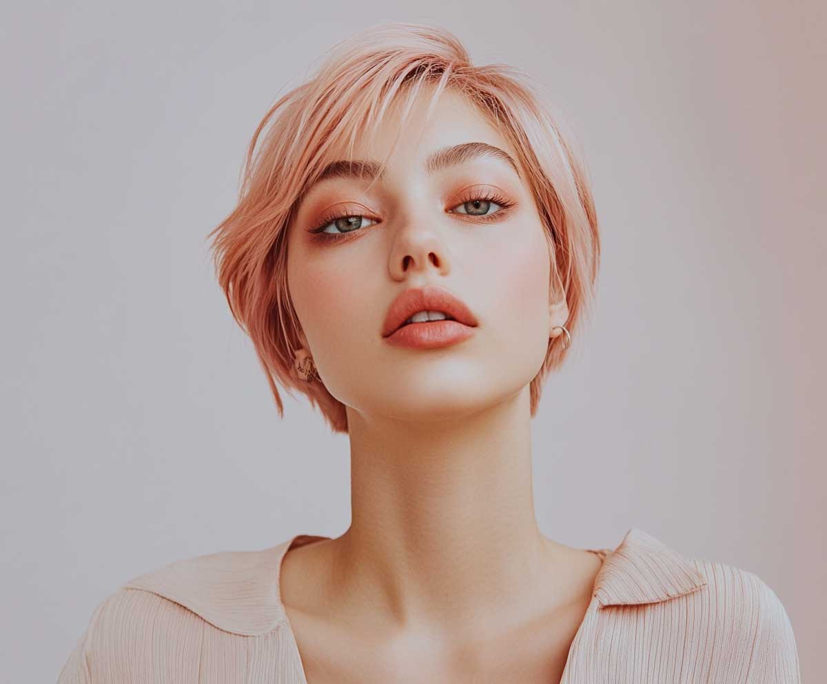 sleek pixie bob haircut, rose gold metallic hair, glossy finish, sharp layers, studio lighting, elegant woman, minimalist outfit, neutral background, fashion photography, sharp focus