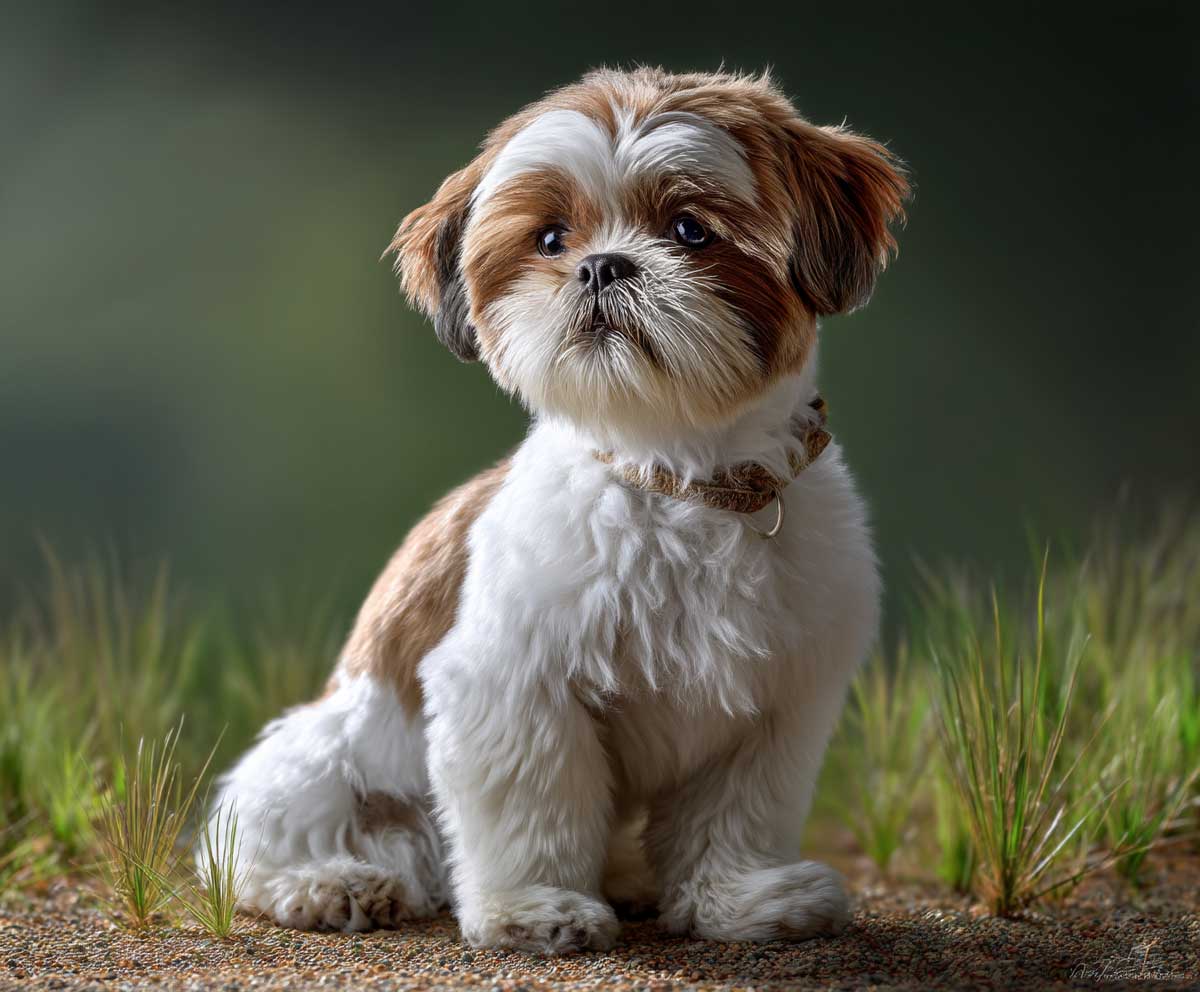 adorable shih tzu with short puppy cut, rounded fluffy feet, sitting on grass under sunlight, playful expression, high resolution, detailed coat, full body shot