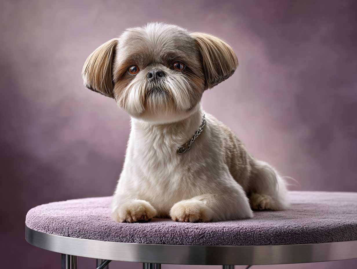 adorable shih tzu dog sitting on a soft grooming table, round teddy bear style face, short paws, clean fluffy coat, natural lighting, soft pastel background, full-body pet portrait, high detail
