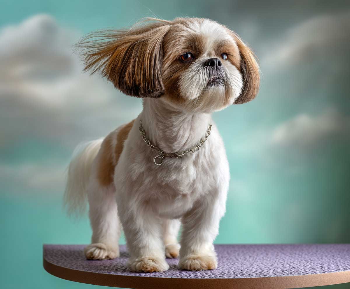 shih tzu with very short summer body trim, clean face grooming, standing on a grooming table with light breeze, bright daylight, pastel background, full body dog portrait, soft focus