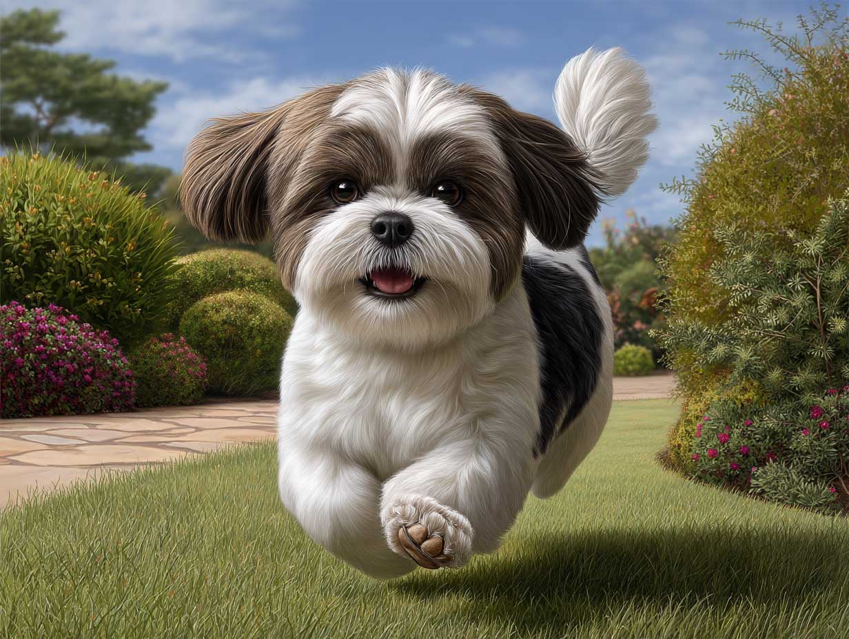happy shih tzu running in a garden, short trimmed body fur, oversized puffy tail wagging, bright outdoor lighting, playful setting, realistic fur detail, full motion