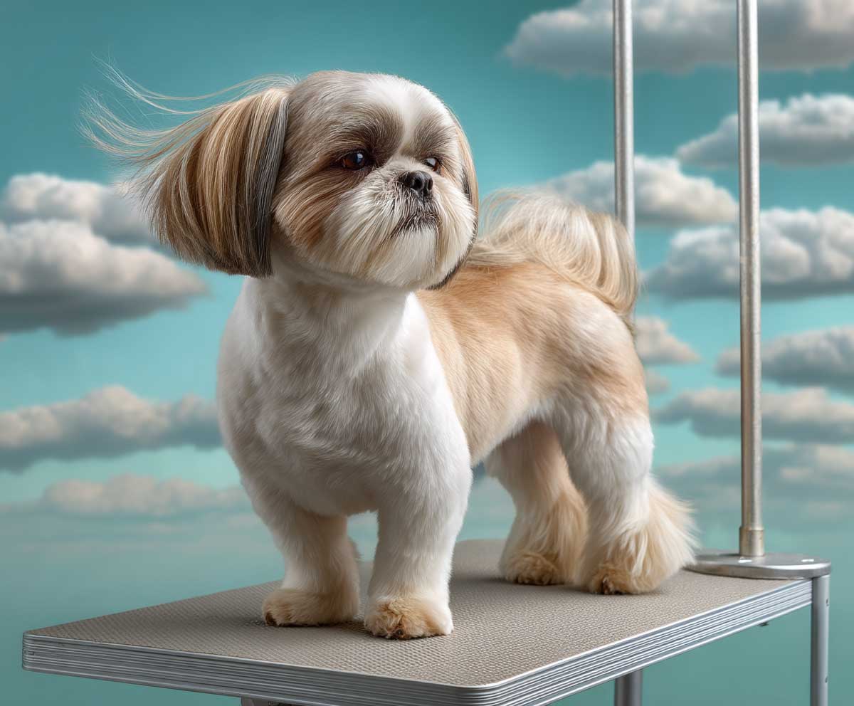 shih tzu with very short summer body trim, clean face grooming, standing on a grooming table with light breeze, bright daylight, pastel background, full body dog portrait, soft focus