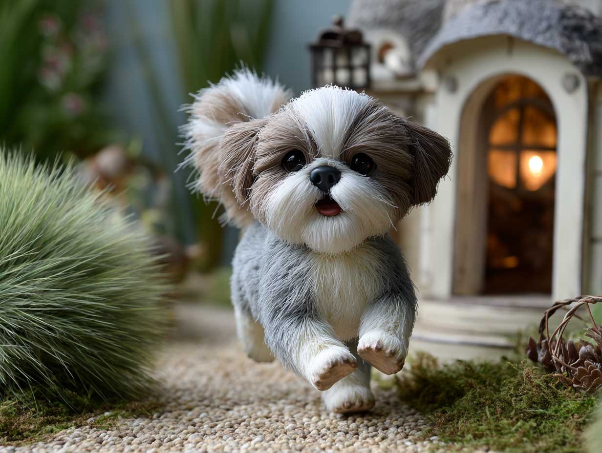 happy shih tzu running in a garden, short trimmed body fur, oversized puffy tail wagging, bright outdoor lighting, playful setting, realistic fur detail, full motion