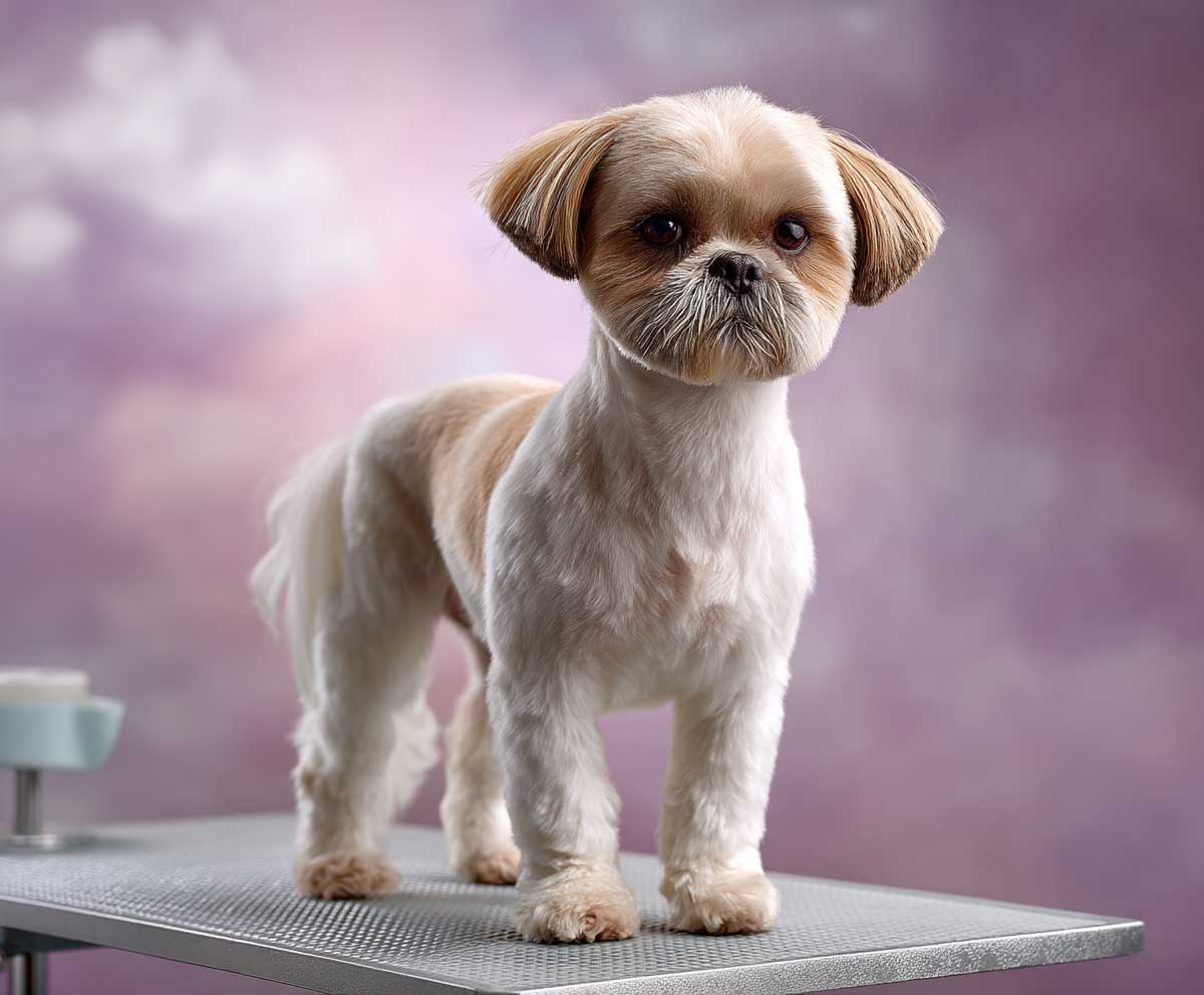 shih tzu with very short summer body trim, clean face grooming, standing on a grooming table with light breeze, bright daylight, pastel background, full body dog portrait, soft focus
