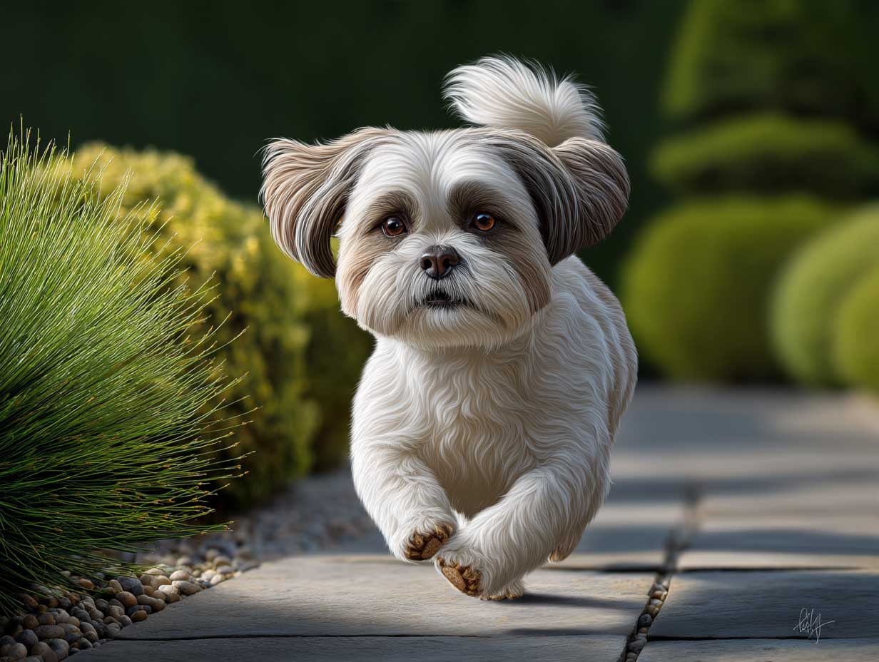 happy shih tzu running in a garden, short trimmed body fur, oversized puffy tail wagging, bright outdoor lighting, playful setting, realistic fur detail, full motion