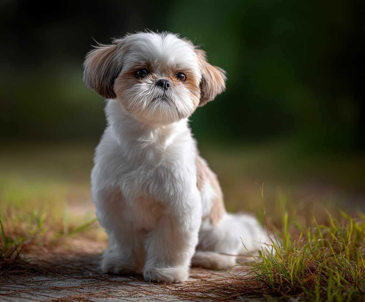 adorable shih tzu with short puppy cut, rounded fluffy feet, sitting on grass under sunlight, playful expression, high resolution, detailed coat, full body shot