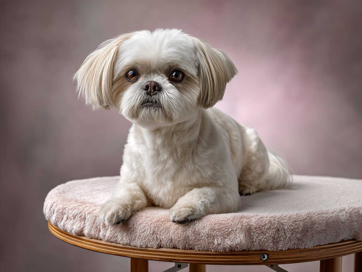 adorable shih tzu dog sitting on a soft grooming table, round teddy bear style face, short paws, clean fluffy coat, natural lighting, soft pastel background, full-body pet portrait, high detail