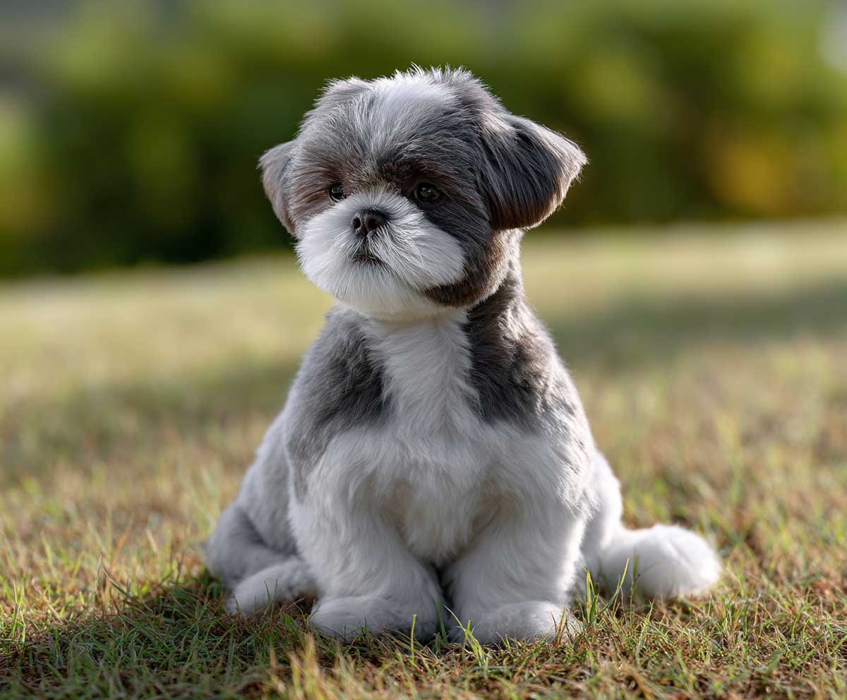 adorable shih tzu with short puppy cut, rounded fluffy feet, sitting on grass under sunlight, playful expression, high resolution, detailed coat, full body shot