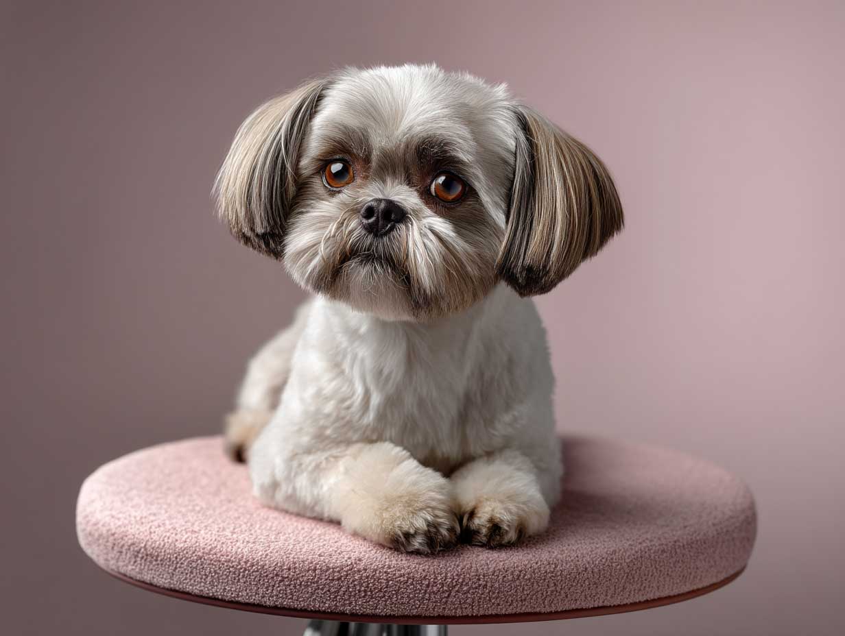 adorable shih tzu dog sitting on a soft grooming table, round teddy bear style face, short paws, clean fluffy coat, natural lighting, soft pastel background, full-body pet portrait, high detail