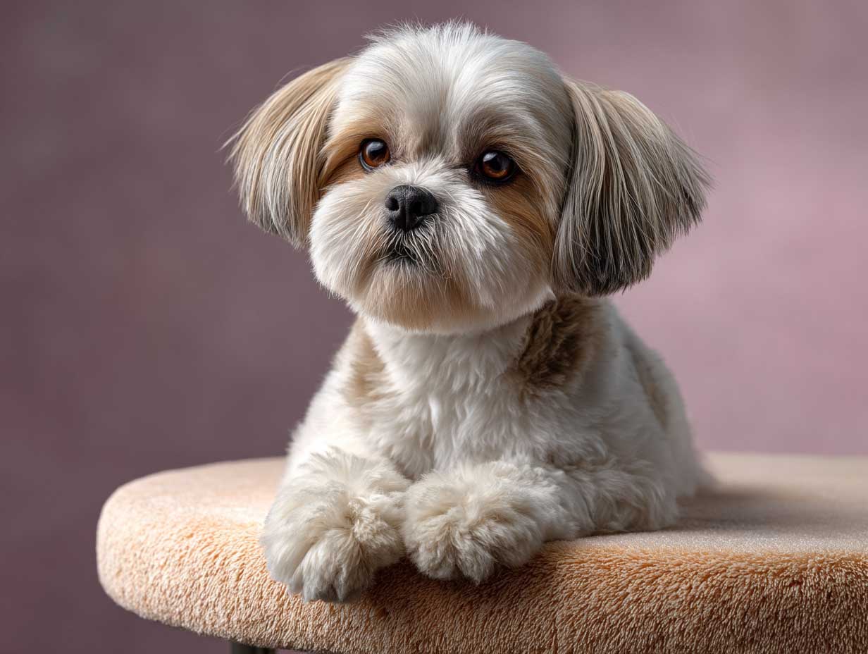 adorable shih tzu dog sitting on a soft grooming table, round teddy bear style face, short paws, clean fluffy coat, natural lighting, soft pastel background, full-body pet portrait, high detail