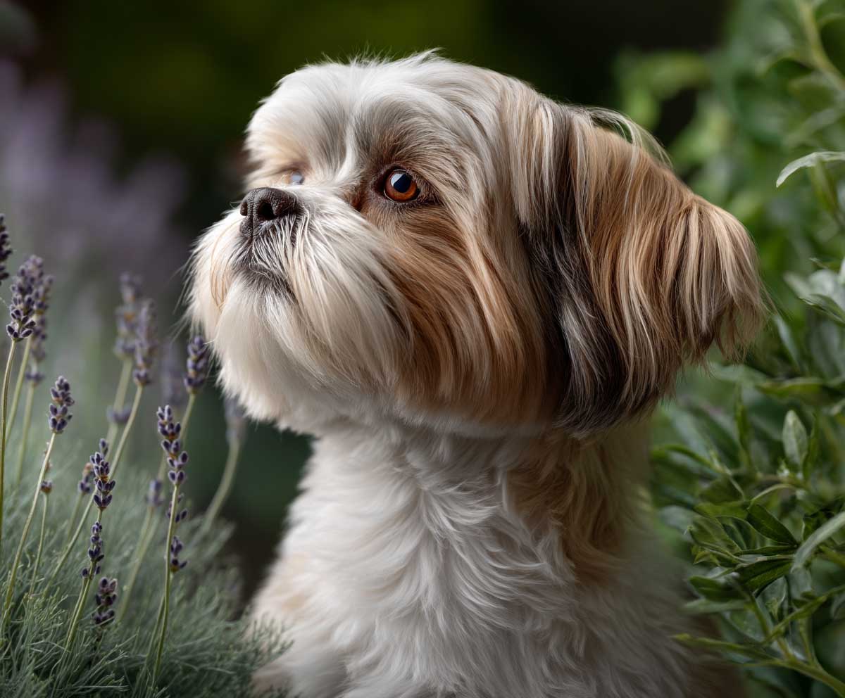 shih tzu dog in a summer garden, medium length coat with soft feathered ears, light natural breeze in fur, high-quality dog photography, warm tones, realistic fur detail