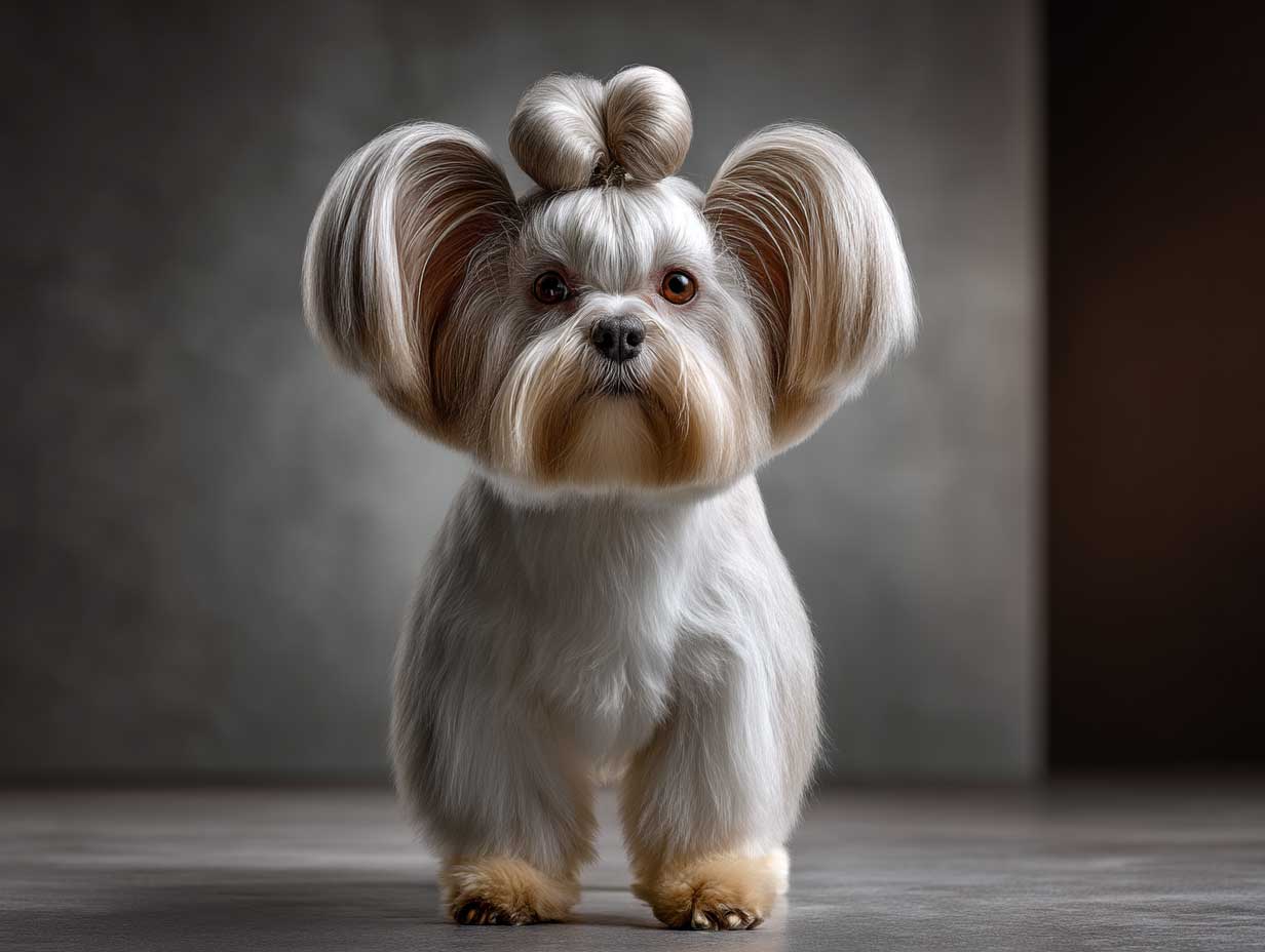 groomed shih tzu with elegant top knot and long silky ears, standing proudly, luxurious coat texture, warm lighting, minimal modern background, studio photography look