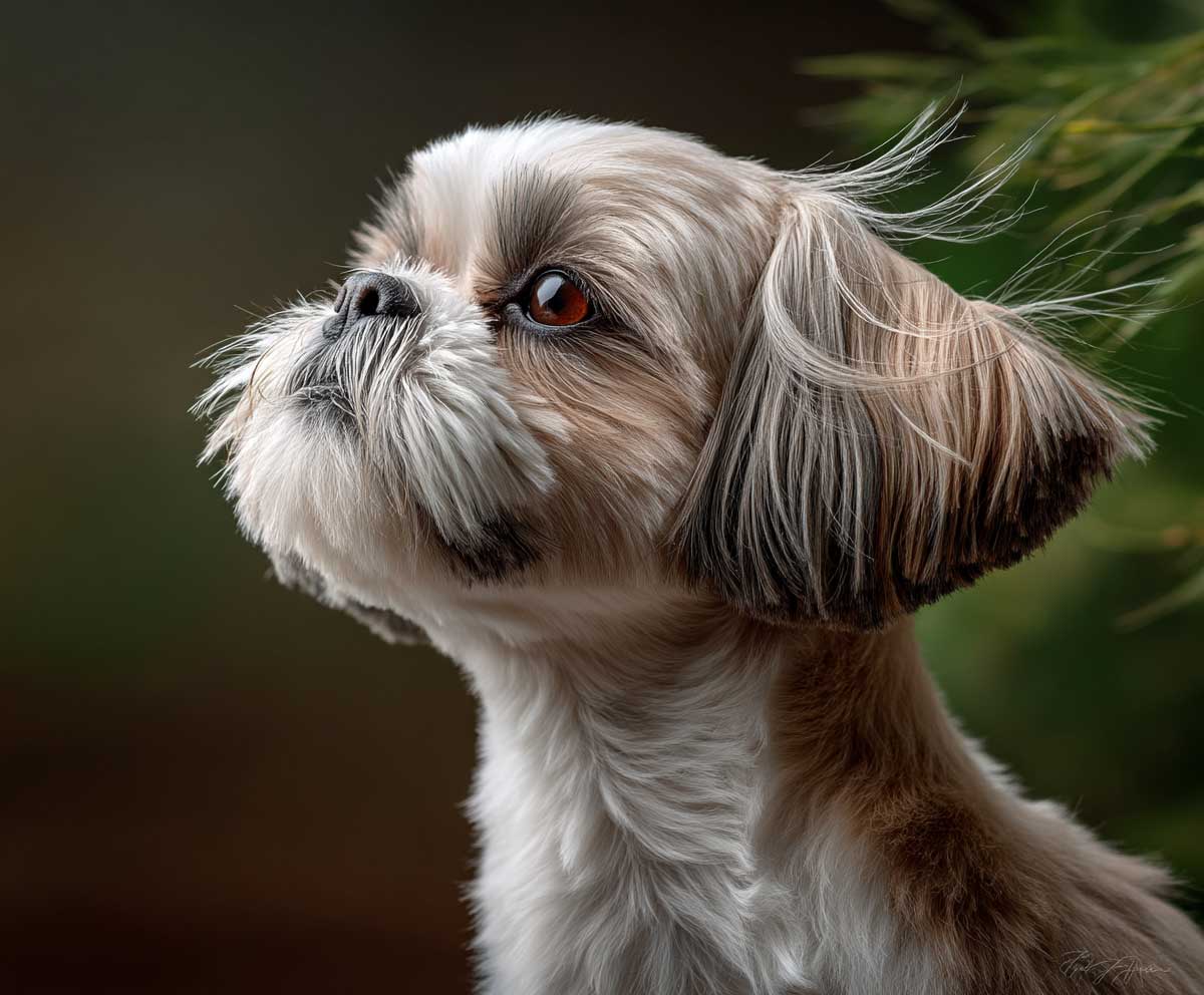 shih tzu dog in a summer garden, medium length coat with soft feathered ears, light natural breeze in fur, high-quality dog photography, warm tones, realistic fur detail