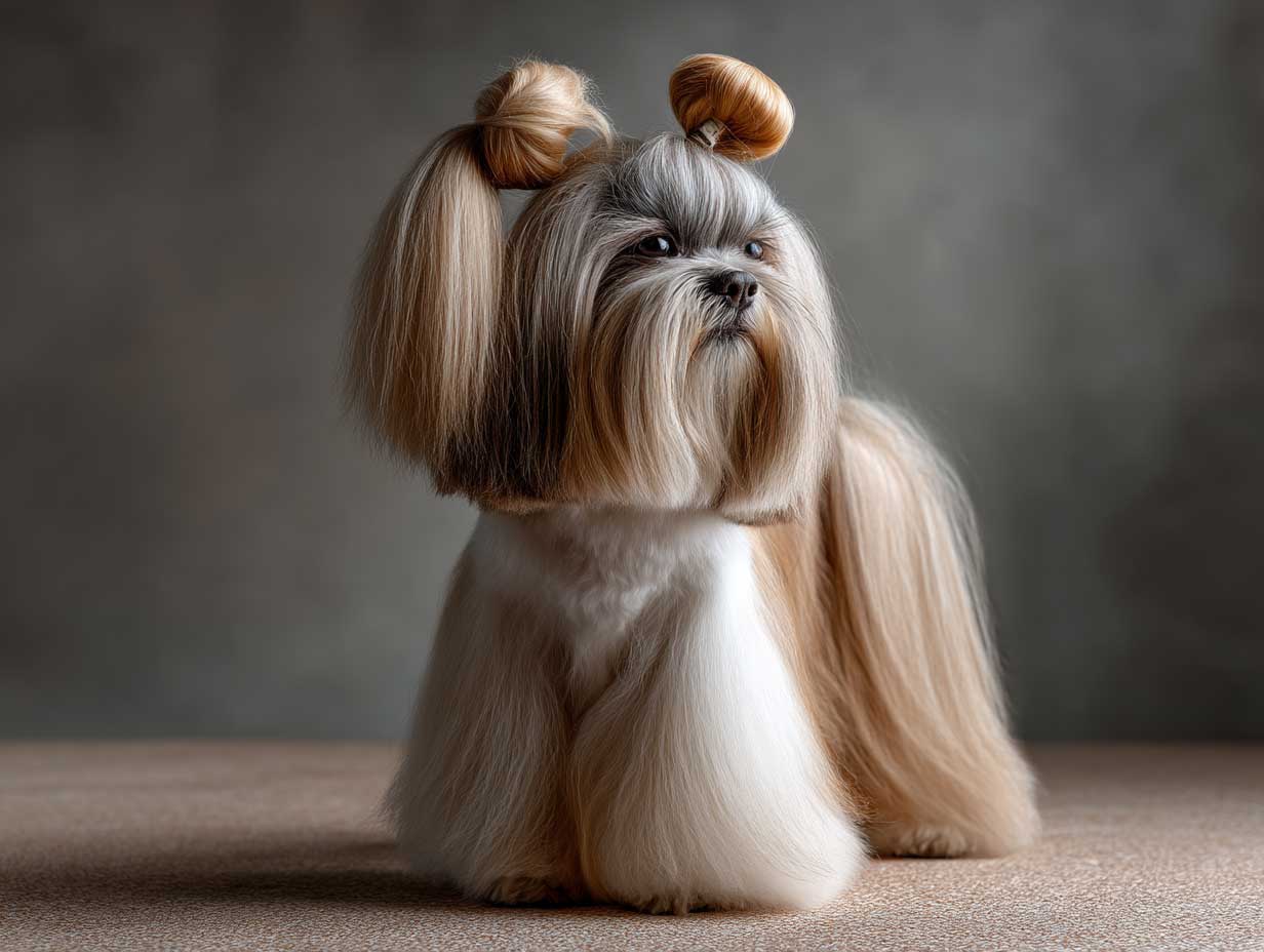 groomed shih tzu with elegant top knot and long silky ears, standing proudly, luxurious coat texture, warm lighting, minimal modern background, studio photography look