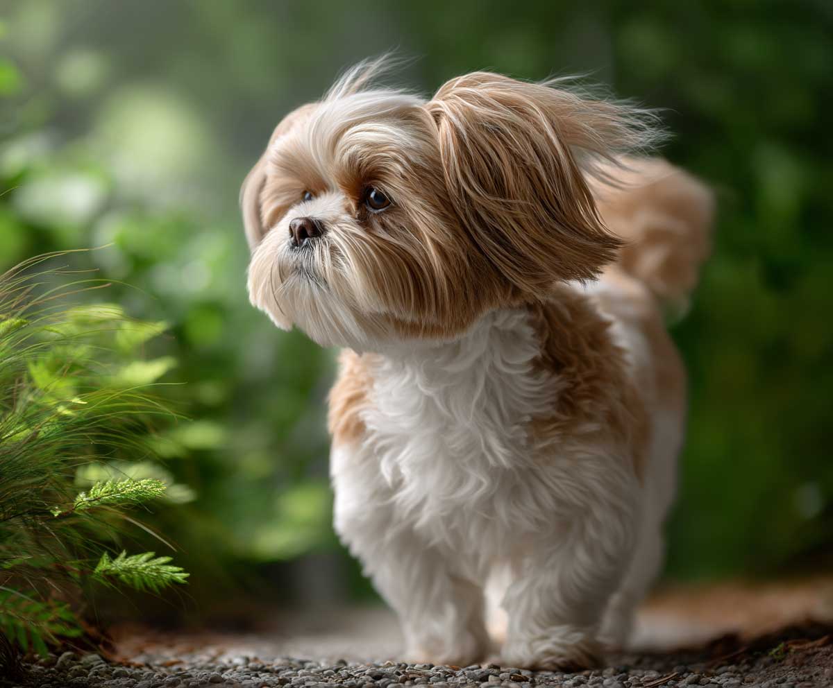 shih tzu dog in a summer garden, medium length coat with soft feathered ears, light natural breeze in fur, high-quality dog photography, warm tones, realistic fur detail