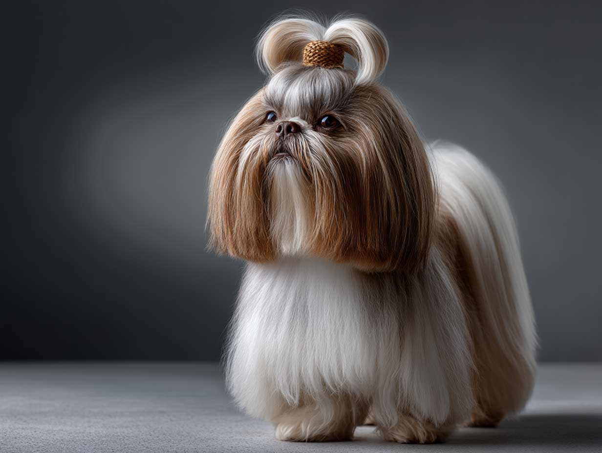 groomed shih tzu with elegant top knot and long silky ears, standing proudly, luxurious coat texture, warm lighting, minimal modern background, studio photography look
