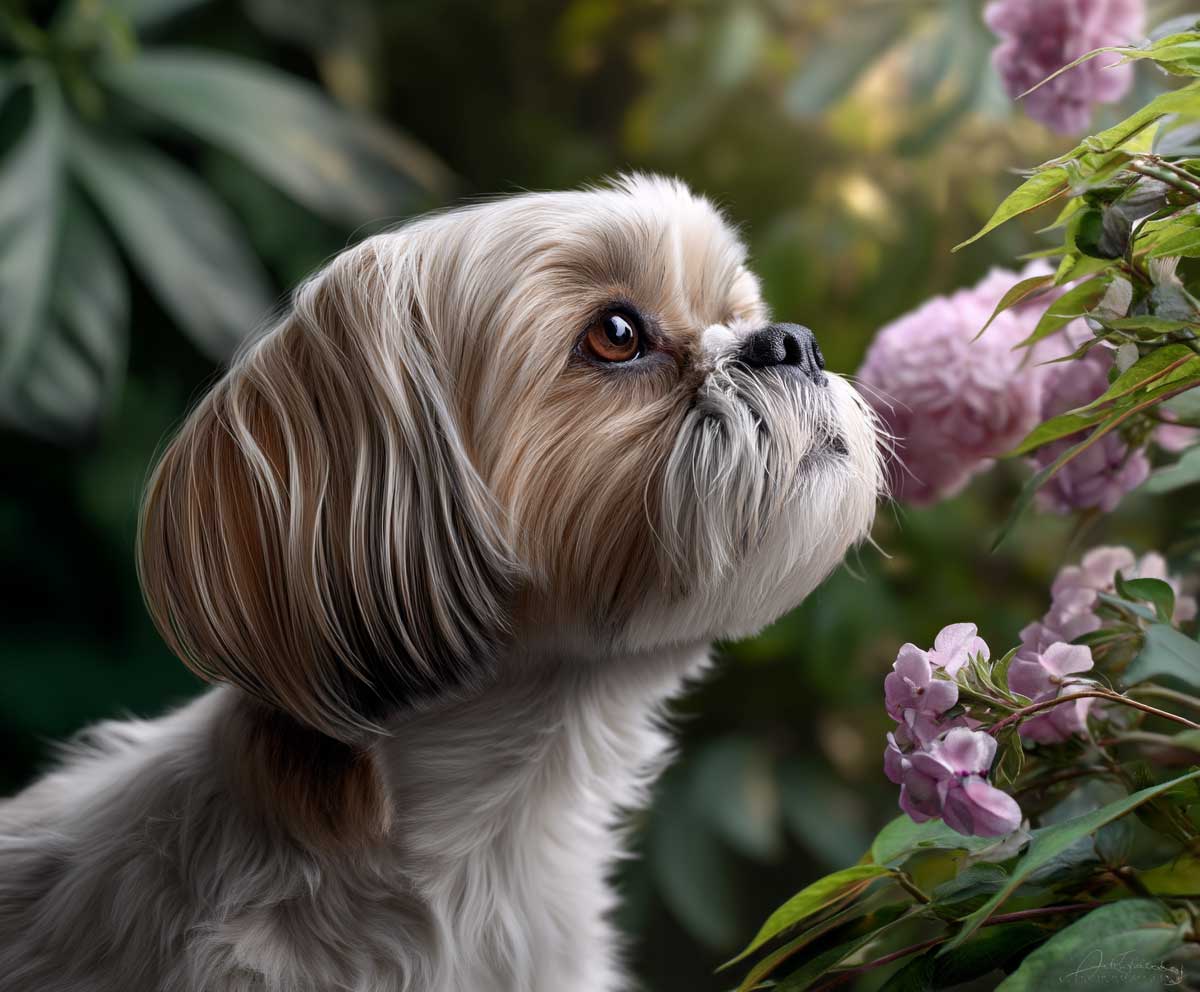 shih tzu dog in a summer garden, medium length coat with soft feathered ears, light natural breeze in fur, high-quality dog photography, warm tones, realistic fur detail