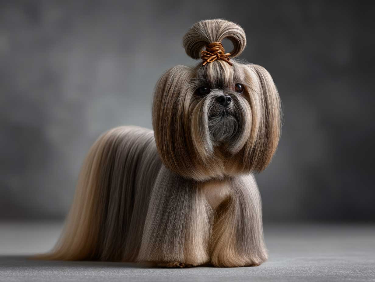groomed shih tzu with elegant top knot and long silky ears, standing proudly, luxurious coat texture, warm lighting, minimal modern background, studio photography look
