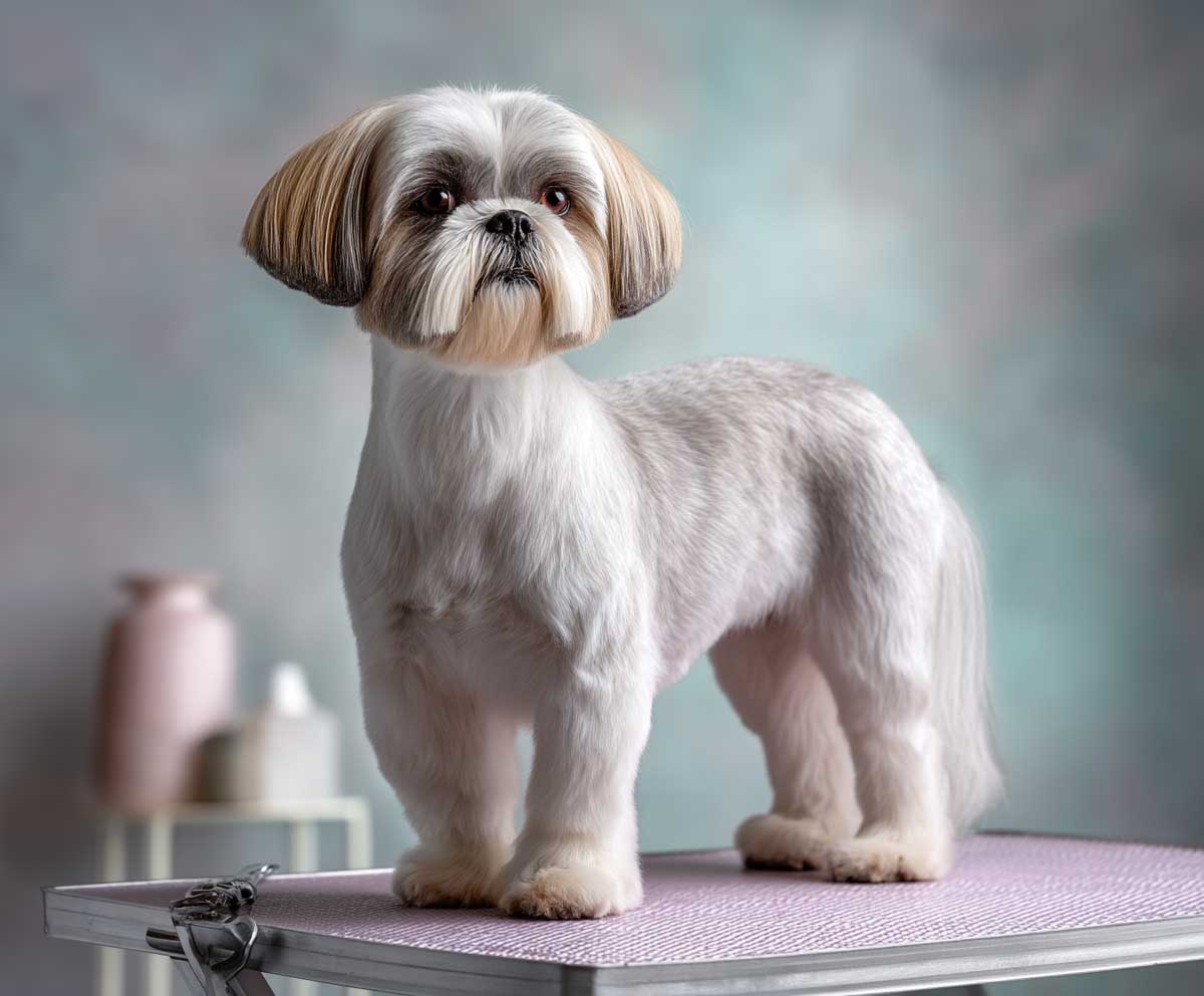 shih tzu with very short summer body trim, clean face grooming, standing on a grooming table with light breeze, bright daylight, pastel background, full body dog portrait, soft focus