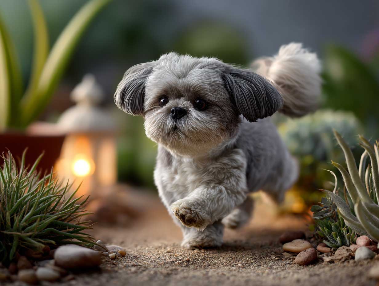 happy shih tzu running in a garden, short trimmed body fur, oversized puffy tail wagging, bright outdoor lighting, playful setting, realistic fur detail, full motion