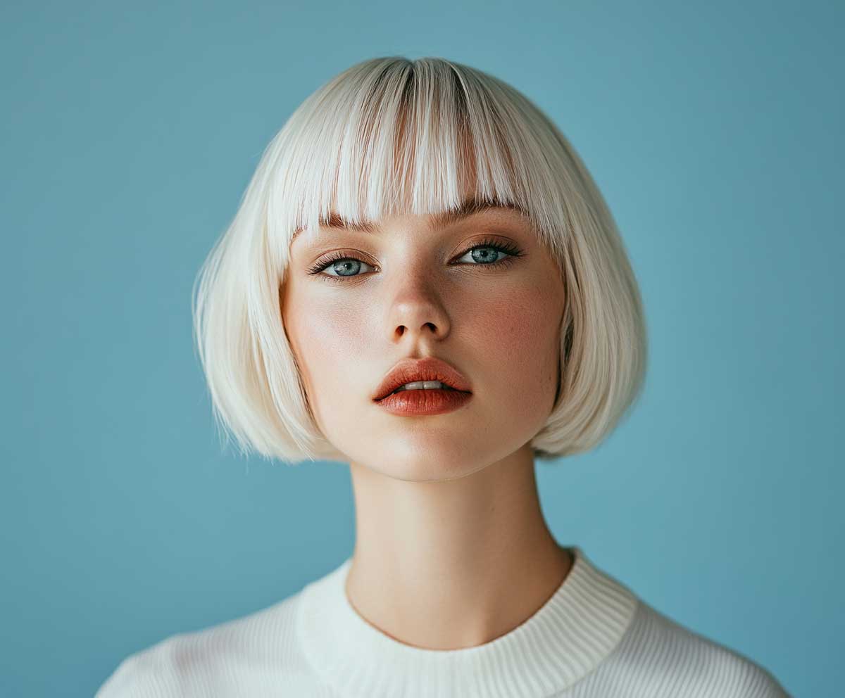 portrait photo of a confident woman with an icy platinum short bob, straight and angular cut, sharp jawline, minimalist fashion, bright natural lighting, modern editorial look