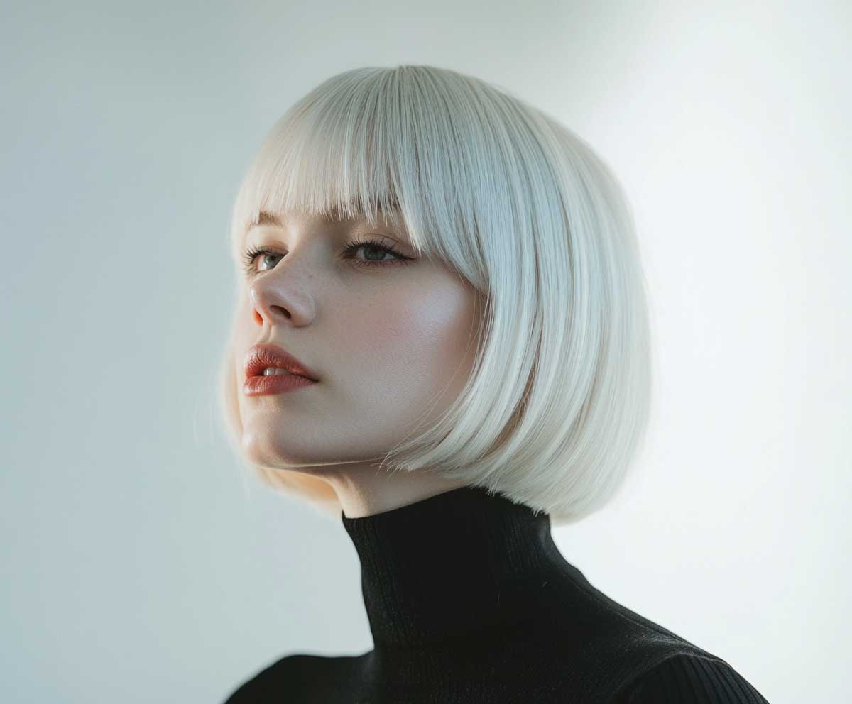 portrait photo of a confident woman with an icy platinum short bob, straight and angular cut, sharp jawline, minimalist fashion, bright natural lighting, modern editorial look