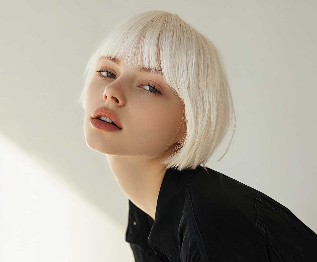 portrait photo of a confident woman with an icy platinum short bob, straight and angular cut, sharp jawline, minimalist fashion, bright natural lighting, modern editorial look