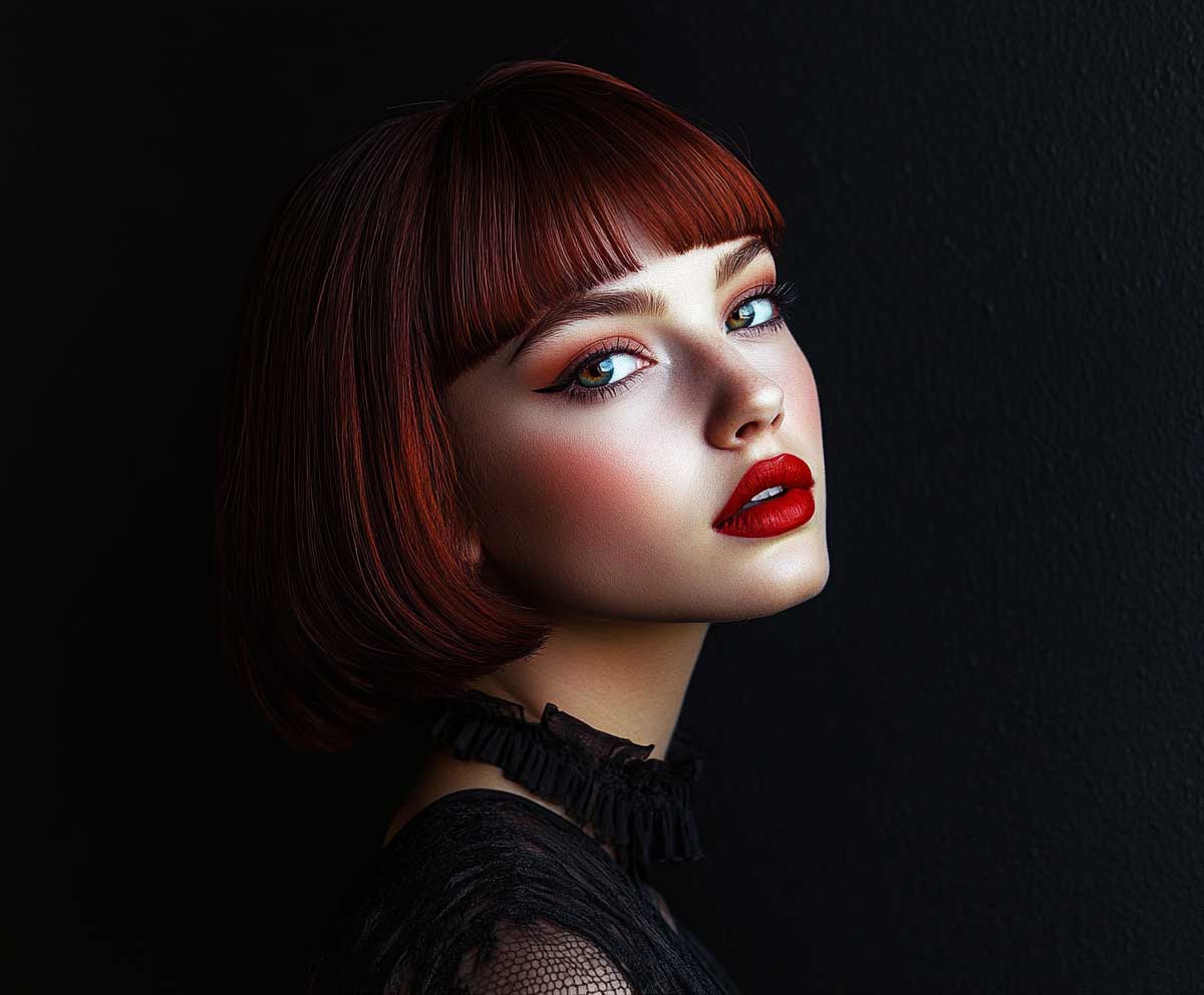 studio headshot of a woman with a deep red asymmetrical short bob, dramatic lighting, fashion editorial vibe, bold red lipstick, high contrast shadows, black background