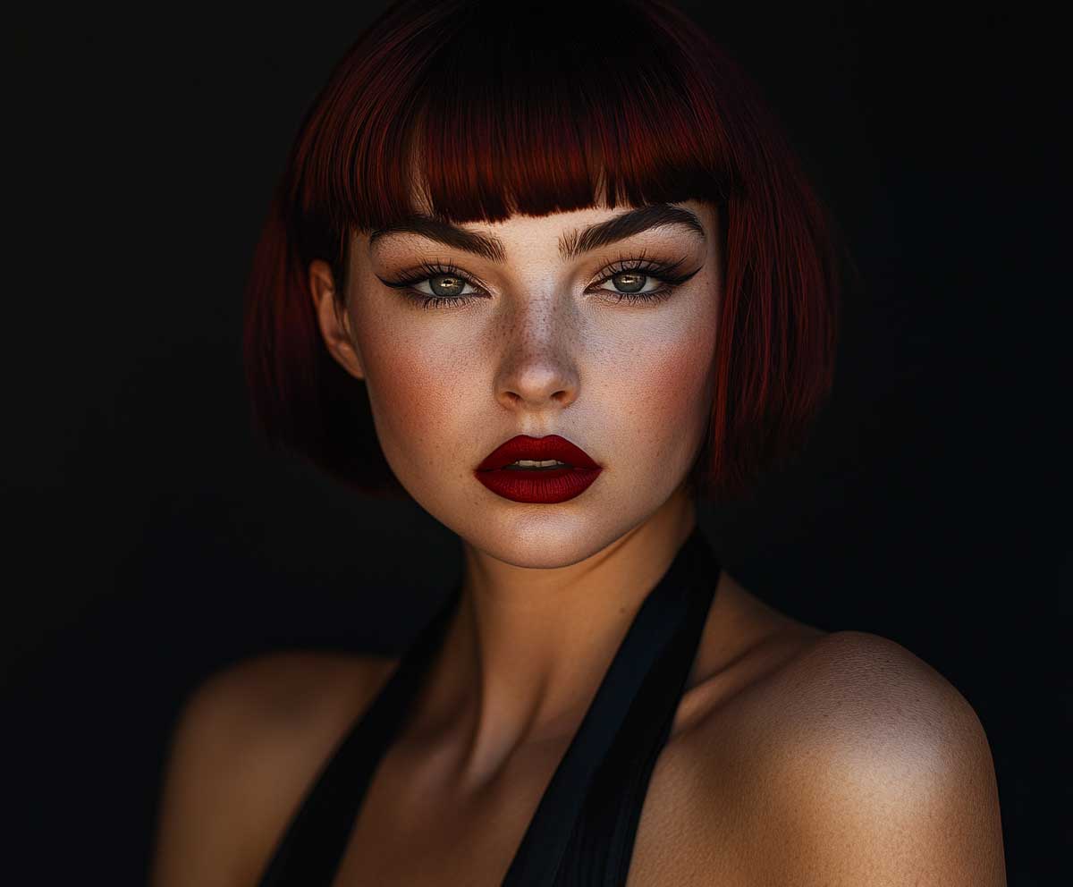 studio headshot of a woman with a deep red asymmetrical short bob, dramatic lighting, fashion editorial vibe, bold red lipstick, high contrast shadows, black background