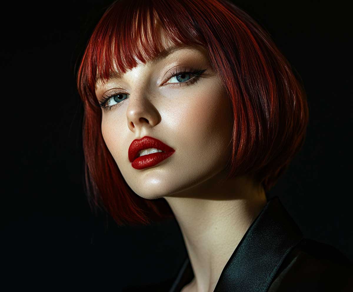 studio headshot of a woman with a deep red asymmetrical short bob, dramatic lighting, fashion editorial vibe, bold red lipstick, high contrast shadows, black background