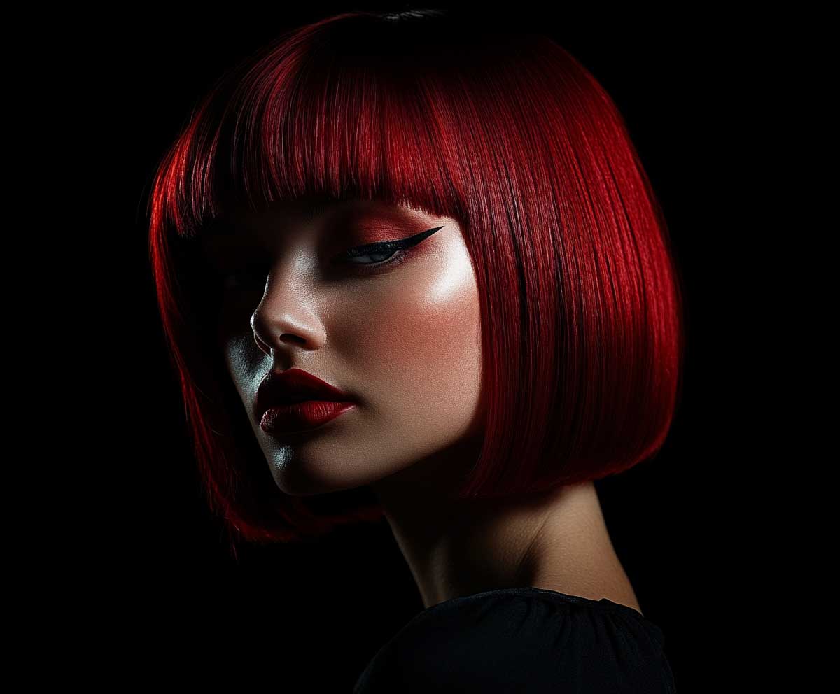 studio headshot of a woman with a deep red asymmetrical short bob, dramatic lighting, fashion editorial vibe, bold red lipstick, high contrast shadows, black background