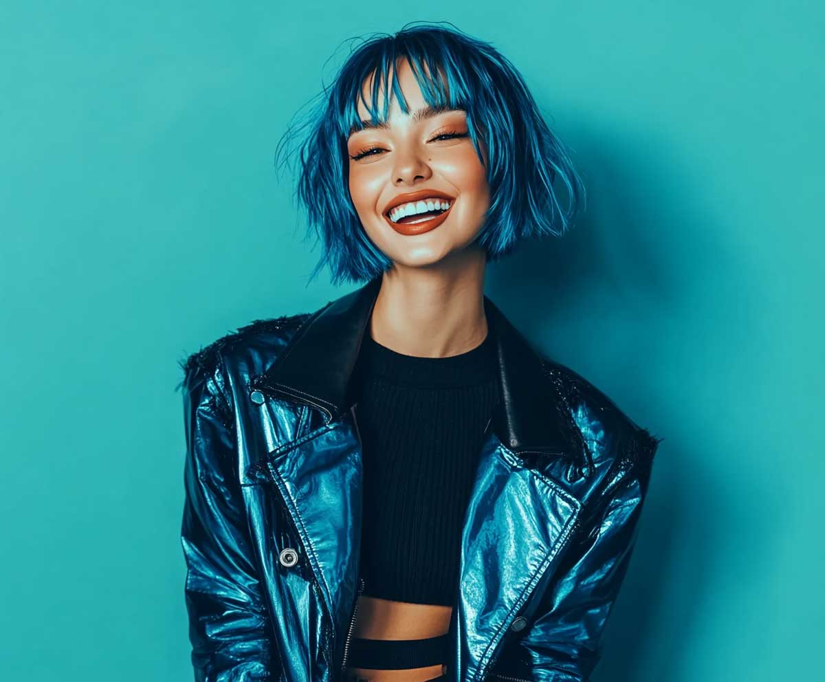 full-length studio photo of a smiling woman with a short electric blue choppy bob haircut, edgy streetwear outfit, confident pose, fashion-forward, soft shadows and vibrant background