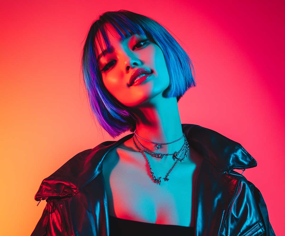full-length studio photo of a smiling woman with a short electric blue choppy bob haircut, edgy streetwear outfit, confident pose, fashion-forward, soft shadows and vibrant background