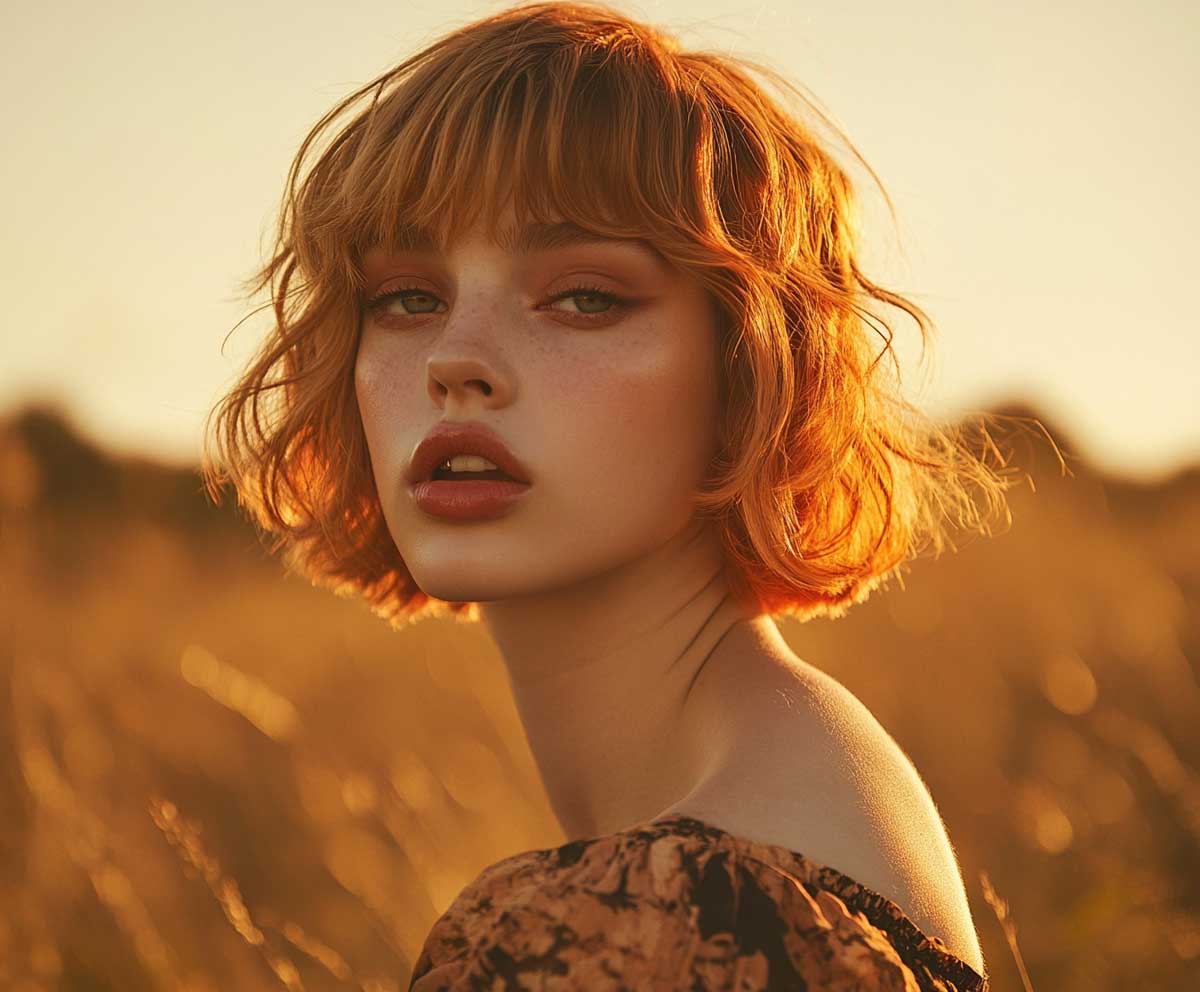 high fashion editorial photo of a woman with a golden peach short bob and subtle undercut, golden hour lighting, soft glow, warm aesthetic, modern clothing