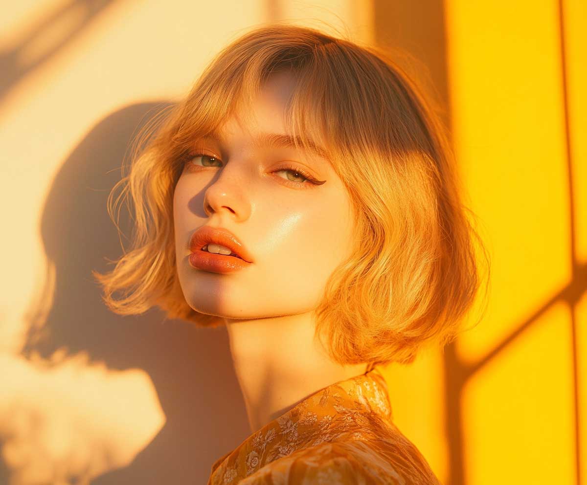 high fashion editorial photo of a woman with a golden peach short bob and subtle undercut, golden hour lighting, soft glow, warm aesthetic, modern clothing