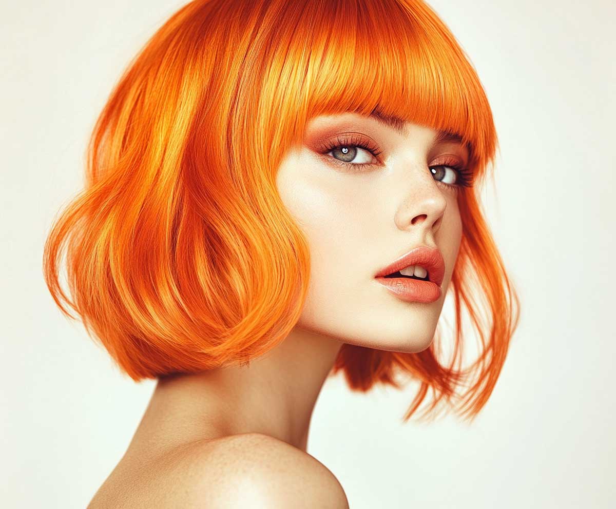 Vibrant tangerine bob on a woman with fine hair, sharp jaw-length cut with subtle waves, high-resolution beauty photo, edgy fashion style, bright makeup, clean white background
