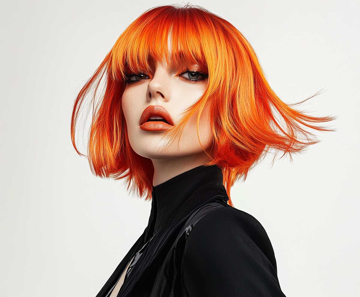 Vibrant tangerine bob on a woman with fine hair, sharp jaw-length cut with subtle waves, high-resolution beauty photo, edgy fashion style, bright makeup, clean white background